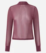 Blusa de manga larga confeccionada en punto con tule y transparencia, con cuello alto y acabado con sutiles puntos de brillo. Presenta un diseño ajustado al cuerpo.