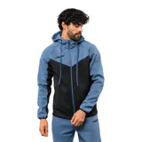 Campera deportiva con capucha y cierre frontal, diseño bicolor en azul y negro con logo de la marca estampado en el pecho.