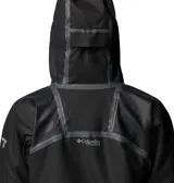 Campera impermeable de mujer Columbia modelo Whistler Peak Shell OutDry, en color negro con detalles reflectantes y costuras selladas. Cuenta con capucha ajustable, cremalleras frontales y laterales de poliuretano, y aberturas de ventilación.