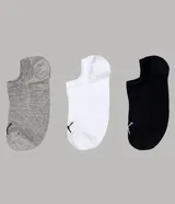 Kit de tres pares de medias Puma de caño bajo, en colores gris melange, blanco y negro, con logo de la marca en la puntera.