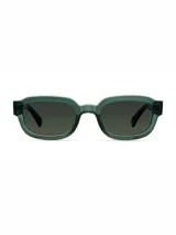 Lentes de sol con armazón de diseño ovalado en color verde translúcido y cristales polarizados oscuros. Fabricados con material bio-based G850, cuentan con protección UV400 y recubrimiento resistente a rayones.