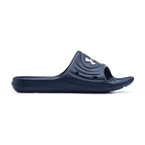 Sandalias tipo chinelas Under Armour, modelo Locker IV, confeccionadas en una sola pieza de EVA moldeada de secado rápido. Presentan un diseño ergonómico con perforaciones para evacuar el agua y el logo de la marca en relieve sobre la correa.