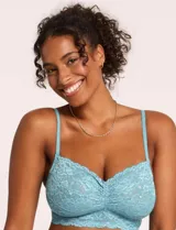 Soutien bralette de encaje floral color beige, con micro tul y breteles regulables.