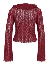 Blusa de manga larga con escote en V, volados frontales y tejido calado semi-transparente, confeccionada en punto liviano de fit ajustado.