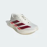 Championes de running Adidas Adizero Evo SL, color blanco con las icónicas tres tiras en color bordó y detalles en naranja neón en la mediasuela. Cuentan con tecnología LightstrikePro para una amortiguación superior y suela de caucho.