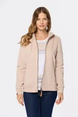 Canguro negro con capucha, cierre frontal y bolsillos laterales.