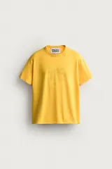 Camiseta cropped de corte relajado, color beige, con cuello redondo y mangas cortas. Cuenta con un estampado frontal con texto en tonos rosados y detalles de efecto desgastado en el cuello.