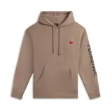 Canguro color tostado con capucha, cordones ajustables, bolsillo tipo canguro y puños y cintura acanalados. Estampado con un banderín rojo en el pecho y la palabra "Florence" en el brazo derecho.