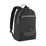 Mochila negra con correas ajustables y asa superior. Presenta el texto "ORIGINAL" bordado verticalmente en el lateral y el logo de Puma en la parte frontal, ambos en hilo blanco. Tiene un bolsillo frontal con cierre de cremallera gris.