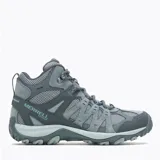 Bota de senderismo Merrell modelo Accentor 3 Mid WP, color gris con detalles en azul claro. Confeccionada en ante y malla impermeable, cuenta con puntera protectora de goma, entresuela de espuma EVA y suela de goma adherente para mayor tracción.