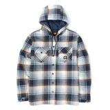 Chaqueta tipo camisa de franela con capucha, diseño a cuadros en tonos azules, blancos y marrones. Cuenta con cierre frontal de botones a presión, dos bolsillos frontales con solapa y logo de la marca en el pecho.