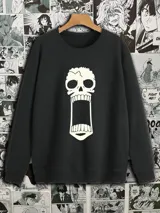 Buzo negro de cuello redondo con estampado frontal de Brook, personaje del anime One Piece.