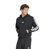 Canguro deportivo Adidas con capucha y cordones ajustables, color negro con las icónicas tres tiras blancas en las mangas y logo de la marca bordado en el centro del pecho. Cuenta con un bolsillo frontal tipo canguro y puños acanalados.