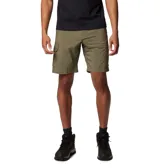 Short cargo de trekking color verde militar con múltiples bolsillos, incluyendo uno lateral con cierre y bolsillos cargo en las piernas.