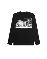 Remera de manga larga Obey color blanco, con estampado gráfico en el frente que incluye un globo terráqueo y texto, y detalles estampados en ambas mangas.