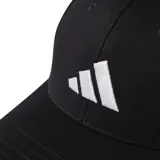 Gorra de béisbol Adidas color negro con logo de las tres rayas bordado en blanco en el frente.