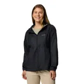 Campera cortaviento Columbia modelo Flash Forward II, color negro, con capucha ajustable, cierre frontal y bolsillos laterales con cremallera. Cuenta con tecnología Omni-Shield y protección solar Omni-Shade.