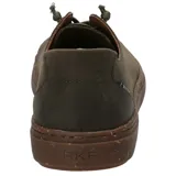 Zapatilla de cuero color verde militar con cordones elásticos y suela de goma marrón con textura.