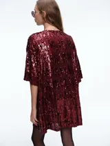 Vestido corto de corte recto y holgado, confeccionado en tejido cubierto de lentejuelas doradas. Presenta cuello redondo, mangas cortas amplias y una caída fluida.