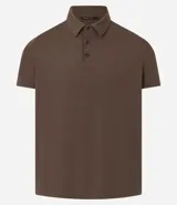 Camisa polo masculina de manga corta, confeccionada en tejido técnico de poliamida con elastano. Presenta cuello inglés con tapeta de tres botones, ofreciendo propiedades de secado rápido, elasticidad y confort térmico.