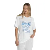 Remera blanca de corte oversized con estampado azul de texto y flores.