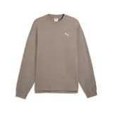 Buzo Puma ESS Elevated Relaxed de cuello redondo, color beige con detalle del logo blanco bordado en el pecho.