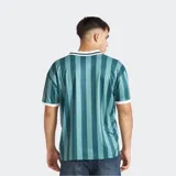 Remera estilo camiseta de fútbol con cuello polo, manga corta y diseño de rayas verticales en tonos verdes. Presenta estampados gráficos en el frente y escudo aplicado en el pecho.