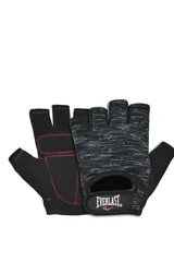 Guantes de entrenamiento sin dedos Everlast, color negro con diseño melange en tonos grises en el dorso y costuras en fucsia. Cuentan con ajuste de velcro en la muñeca con el logo de la marca.