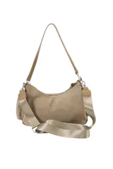 Cartera negra de poliamida con múltiples bolsillos con cierre, correa ajustable y detalles metálicos plateados.