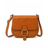 Cartera bandolera de cuero sintético color marrón, con diseño de solapa frontal, detalles de ojales metálicos decorativos y cierre con hebilla metálica.
