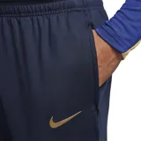 Pantalón deportivo Nike del Barcelona F.C., modelo Strike, color azul marino con el logo de Nike y el escudo del club bordados en tono dorado.