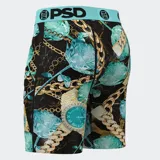 Calzoncillos tipo bóxer de la marca PSD, con estampado de rosas turquesas, relojes dorados con diamantes y cadenas de oro sobre fondo negro.