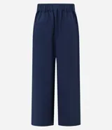 Pantalón pantacourt azul marino de viscosa, con cintura elástica, bolsillos delanteros y detalle de lazo en la cintura.