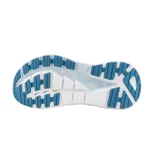 Championes de running Hoka modelo Gaviota 4, color celeste con detalles en naranja y suela blanca con motas celestes.