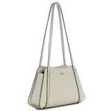 Cartera Guess modelo Xena, color blanco crema, de diseño estructurado en material sintético con efecto texturizado y herrajes metálicos dorados. Cuenta con doble asa de hombro y el logo de la marca en la parte frontal.