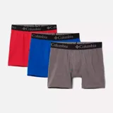 Pack de tres boxers de la marca Columbia, confeccionados en tejido stretch, en colores rojo, azul y gris, con cintura elástica negra con el logo de la marca en contraste.