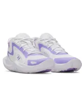 Championes de básquet Under Armour Jet 25, color blanco con detalles en lila, confeccionados con materiales mixtos y suela de goma resistente.
