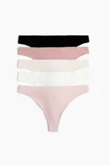 Pack de cinco bombachas tipo thong (colaless) sin costuras, con cintura estándar. Incluye colores negro, rosado, beige claro, blanco y rosado claro, siendo la última de tejido acanalado.