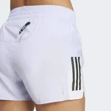 Short de running Adidas color lila con cintura alta, tres tiras negras en los laterales y logo reflectante.