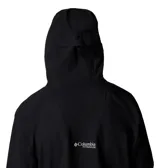 Campera impermeable Columbia de la línea Titanium, color negro, con capucha fija, cierre frontal revestido de PU, bolsillos laterales con cremallera y puños ajustables. Diseño técnico con costuras selladas y tecnología Omni-TECH.