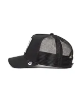 Gorra tipo trucker de Goorin Bros, modelo The Stallion, con panel frontal negro estructurado y malla trasera negra. Presenta un parche bordado en el frente con la imagen de un caballo y la palabra Stallion.