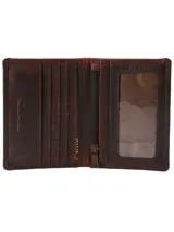 Billetera de cuero marrón con costuras a la vista, cierre imantado, ventana para identificación, seis ranuras para tarjetas, bolsillo interior con cierre y tecnología RFID.