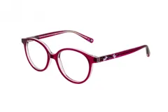 Armazón de acetato color fucsia con forma redondeada y patillas decoradas con motivos de los Minions.