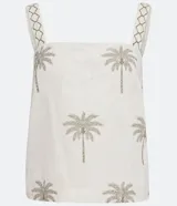 Musculosa blanca de algodón con estampado de palmeras, escote cuadrado y tirantes anchos contrastantes.