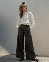 Pantalón de tiro alto confeccionado en cuero vacuno con textura croco. Presenta una silueta de pierna extra ancha y corte recto.