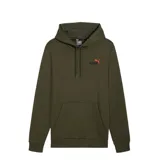 Buzo con capucha Puma de color verde militar, con bolsillo tipo canguro frontal y cordones ajustables en el cuello. Presenta el logo de la marca bordado en el pecho en color naranja.