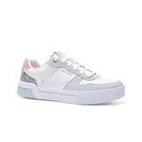 Championes Skechers Jade Feline Instinct de mujer, con capellada de cuero sintético blanco, superposiciones de gamuza con estampado de leopardo, plantilla Skechers Air-Cooled Memory Foam y suela de goma con plataforma celeste.