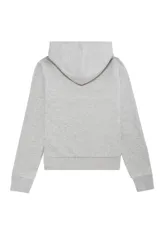 Campera tipo hoodie de corte cropped, color gris melange, con cierre frontal de cremallera, capucha ajustable con cordones y bolsillos tipo canguro.