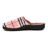 Pantuflas cerradas para mujer, con estampado a cuadros en tonos rosa, blanco y negro, y suela de goma negra.