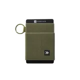 Billetera Thread color verde oliva, confeccionada en tela elástica con logo de la marca en el frente y aro metálico para colgar.